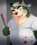  absurd_res anthro bandanna blood blood_splatter bodily_fluids canid canine canis clothing domestic_dog eyebrows fur green_body green_fur hi_res inugamihito kerchief knife lifewonders live-a-hero looking_at_viewer male mammal mokdai musclegut shirt smile solo t-shirt thick_eyebrows topwear video_games 