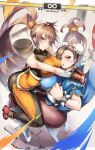  2girls barrel boots bracelet breasts brown_eyes brown_hair bun_cover chinese_clothes chun-li crossover dnf_duel double_bun dungeon_and_fighter earrings fighter_(dungeon_and_fighter) gainoob hair_bun health_bar highres hug jewelry large_breasts long_hair low-tied_long_hair multiple_girls pantyhose pearl_earrings ponytail puffy_short_sleeves puffy_sleeves short_sleeves smile spiked_bracelet spikes street_fighter striker_(dungeon_and_fighter) very_long_hair white_footwear 