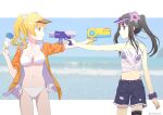  2girls akemi_homura alternate_costume bikini black_hair blonde_hair breasts cleavage cowboy_shot flower from_side hair_flower hair_ornament letterboxed mahou_shoujo_madoka_magica meso3 multiple_girls navel photo_background pointing_gun purple_eyes shirt shorts small_breasts swimsuit swimsuit_under_clothes tied_shirt tomoe_mami twintails twitter_username visor_cap water_gun white_background white_bikini yellow_eyes 