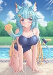  1girl ahoge all_fours animal_ear_fluff animal_ears aqua_eyes aqua_hair bangs bare_arms barefoot blonde_hair blue_bow blue_eyes blue_sky blue_swimsuit blunt_bangs blush bow breasts cat_ears cat_girl cat_tail cleavage cloud cloudy_sky collarbone gradient_eyes grass grin hair_flaps hair_ornament highres indie_virtual_youtuber lanmewko large_breasts long_hair looking_at_viewer multicolored_eyes multicolored_hair multicolored_tail on_floor one-piece_swimsuit outdoors pool prehensile_hair sidelocks sky smile solo star_(symbol) star_hair_ornament swimsuit tail tail_bow tail_ornament teeth thighs tile_floor tiles two-tone_hair very_long_hair virtual_youtuber water wet wet_hair yue_zi 