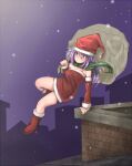  1girl boots breasts chimney dress hat jumping kappamaru large_breasts night original rooftop sack santa_boots santa_costume santa_hat scarf short_dress sky skyline solo star_(sky) thighs 