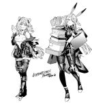  2girls animal_ear_fluff animal_ears arknights bag bangs blush boots box character_request closed_mouth copyright_name elbow_gloves eyebrows_visible_through_hair gift gift_box gloves gravel_(arknights) greyscale hand_fan hand_up highres holding holding_box jacket knee_boots kyou_zip long_hair long_sleeves looking_at_viewer monochrome multiple_girls off_shoulder open_clothes open_jacket pantyhose paper_fan puffy_long_sleeves puffy_sleeves rabbit_ears savage_(arknights) shirt shopping_bag simple_background skirt smile standing standing_on_one_leg swept_bangs thighhighs thighhighs_under_boots twitter_username two_side_up very_long_hair white_background 