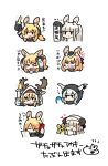  &gt;_&lt; :d ^_^ anger_vein arknights arms_up bangs black_gloves black_headwear blemishine_(arknights) blonde_hair blunt_bangs blush brown_eyes brown_hair cellphone character_request chibi closed_eyes commentary_request cropped_torso dog-san eyebrows_visible_through_hair eyes_visible_through_hair fang flying_sweatdrops garrison_cap gloves grey_eyes grey_hair hair_over_one_eye hands_on_own_head hat headphones heart highres holding holding_phone long_hair nearl_(arknights) phone platinum_(arknights) ponytail simple_background smile translation_request upper_body wavy_mouth whislash_(arknights) white_background 