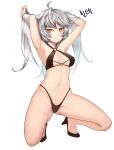  1girl armpits arms_up bare_legs bikini black_bikini breasts character_name closed_mouth counter:side eyebrows_behind_hair full_body grey_hair hair_lift halterneck highleg highleg_panties highres hilde_(counter:side) long_hair looking_at_viewer medium_breasts navel o-ring o-ring_bikini o-ring_top orange_eyes panties simple_background smile solo squatting swimsuit underwear white_background zoopoo 