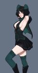  1girl armpits arms_behind_head arms_up black_eyes black_footwear black_hair black_skirt boots breasts capelet commentary english_commentary erin_(tarakanovich) green_headwear green_legwear grey_background highres knee_boots looking_at_viewer medium_breasts multicolored_hair original short_hair simple_background skirt solo tarakanovich thighhighs thighhighs_under_boots two-tone_hair 