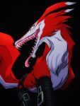  bandai_namco bodily_fluids canid canine canis digimon digimon_(species) fangmon feral fur hi_res leather long_snout long_tongue mammal red_body red_fur saliva sharp_teeth snout solo steven_purifoy straps teeth tongue tongue_out wolf 