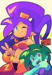  2022 5_fingers bacun blue_eyes breasts clothing duo ear_piercing ear_ring fingers genie gesture green_hair hair hi_res human humanoid humanoid_pointy_ears long_hair looking_at_viewer mammal navel not_furry one_eye_closed piercing ponytail purple_hair red_eyes rottytops shantae shantae_(series) smile v_sign video_games wayforward wink 