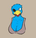  anthro avian axentooth beak bird breasts bust_portrait cleavage clothed clothing collarbone feathers female heterochromia looking_at_viewer low_cut_shirt open_beak open_mouth portrait servia_(axentooth) solo 