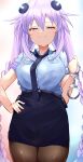  1girl absurdres belt bimmy blue_eyes braid breasts choujigen_game_neptune closed_mouth collar cuffs fingers hair_ornament handcuffs highres long_hair medium_breasts neck neptune_(series) police police_uniform policewoman purple_hair purple_heart shirt skirt smile smug solo uniform 