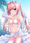  1girl bikini breasts cleavage commentary_request contrapposto cowboy_shot elbow_gloves gloves hair_flaps head_wreath kmcgold30 long_hair mashiko_kaoru medium_breasts pink_hair red_eyes sarong solo standing swimsuit toji_no_miko twintails white_bikini white_gloves 