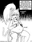  2016 accessory anthro belly bottomwear breasts burping chair clothing comic domestic_cat english_text felid feline felis female frosting furniture hair hair_accessory hair_bow hair_ribbon hands_on_belly if_hell_had_a_taste mammal marci_hetson monochrome navel open_mouth overweight overweight_anthro overweight_female ponytail ribbons shirt shorts sitting solo stuffing text topwear viroveteruscy 