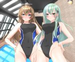  2girls alternate_costume aqua_eyes aqua_hair ass_visible_through_thighs black_swimsuit blue_eyes blue_swimsuit blush breasts brown_hair closed_mouth competition_swimsuit covered_navel cowboy_shot eyebrows_visible_through_hair from_below hair_between_eyes hair_ornament hairclip highres indoors kantai_collection kumano_(kancolle) long_hair looking_at_viewer looking_down medium_breasts multiple_girls nitamako_(sakamalh) one-piece_swimsuit open_mouth ponytail pool poolside rei_no_pool smile suzuya_(kancolle) swimsuit two-tone_swimsuit water window 