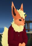  anthro cackling-beast clothing eeveelution flareon fluffy half-length_portrait hoodie lineless male mane nintendo painting_(artwork) pok&eacute;mon pok&eacute;mon_(species) portrait screencap screencap_background screencap_redraw shaded sitting solo solo_focus topwear traditional_media_(artwork) video_games 