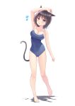  1girl animal_ear_fluff animal_ears arm_up bangs bare_arms bare_legs bare_shoulders barefoot black_hair blue_eyes blue_swimsuit blush breasts cat_ears cat_girl cat_tail cleavage collarbone commentary_request covered_navel eyebrows_visible_through_hair flying_sweatdrops highres looking_at_viewer medium_breasts new_school_swimsuit one-piece_swimsuit original parted_lips school_swimsuit shadow solo standing standing_on_one_leg swimsuit tail tenjou_ryuka white_background 