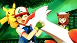  1boy 1girl :3 ^_^ ash_ketchum bangs baseball_cap belt beret bianca_(pokemon_heroes) black_shirt blue_jacket blush blush_stickers brown_hair claws closed_eyes collared_shirt commentary_request day dragon fingerless_gloves gloves green_background green_gloves green_shirt hands_up happy hat hug jacket latias light_blush light_rays on_shoulder open_clothes open_jacket open_mouth outdoors pikachu pokemon pokemon_(anime) pokemon_(classic_anime) pokemon_(creature) pokemon_heroes:_latios_&amp;_latias pokemon_on_shoulder raglan_sleeves red_headwear ribero shirt short_hair short_sleeves sidelocks smile spiked_hair standing tree upper_body white_headwear white_sleeves 