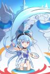  1girl :d absurdres ahoge armor bangs barefoot beret blue_hair chibi dress full_body griseo hair_ornament hat highres holding holding_brush honkai_(series) honkai_impact_3rd long_hair looking_at_viewer open_mouth palette_(object) purple_eyes qq434787536 sleeveless sleeveless_dress smile solo toes twintails white_dress 