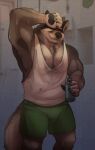  2022 anthro armpit_hair biceps biped bodily_fluids body_hair bottomwear brown_body brown_fur canid canine canis clothed clothing digital_media_(artwork) fully_clothed fur holding_object horrorbuns hudson_(horrorbuns) male mammal muscular muscular_anthro muscular_male pecs shirt shorts smile solo sweat tan_body tan_fur tank_top topwear wolf 