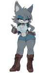  absurd_res anthro boots breasts cleavage clothed clothing fan_character felid feline female fingerless_gloves footwear fur gloves grey_body grey_fur handwear hi_res ichig8miruku_(artist) makeup mammal navel sega simple_background smile smiling_at_viewer solo sonic_the_hedgehog_(series) thick_thighs white_background 