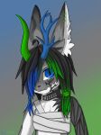  anthro bandage bandaged_chest black_hair blue_eyes blue_hair blue_horn canid canine clothed clothing collar crybitur dragon ear_piercing ear_ring ear_tuft elemental_creature flora_fauna fur green_hair green_horn greooty grey_body grey_fur hair hi_res horn hybrid leaf looking_at_viewer male mammal piercing plant simple_background solo tuft white_body white_fur 