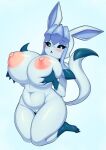  anthro areola big_breasts blue_eyes blush breasts eeveelution female genitals glaceon hi_res holding_breast huge_breasts kneeling navel nintendo nipples pok&eacute;mon pok&eacute;mon_(species) pussy simple_background solo tailzkim thick_thighs video_games wide_hips 