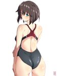  1girl artist_logo ass black_hair black_swimsuit blue_eyes commentary_request competition_swimsuit cowboy_shot from_behind hayasui_(kancolle) highres kantai_collection looking_at_viewer one-piece_swimsuit sebunsu short_hair simple_background solo standing swimsuit white_background 