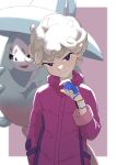  1boy ahoge bangs bede_(pokemon) black_eyes blonde_hair blurry border bright_pupils closed_mouth coat commentary_request curly_hair dynamax_band gloves hagi_753 hand_up hatterene highres looking_at_viewer male_focus outside_border partially_fingerless_gloves pokemon pokemon_(creature) pokemon_(game) pokemon_swsh purple_coat short_hair smile white_border 
