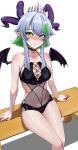  1girl absurdres bangs bare_shoulders bikini black_nails blush breasts bsapricot_(vtuber) choker cross-laced_bikini cross-laced_clothes demon_wings english_commentary eyebrows_visible_through_hair green_eyes green_hair highres horns kurotsuki_arts large_breasts looking_at_viewer multicolored_hair multiple_horns navel short_hair solo swimsuit thighhighs virtual_youtuber vshojo wings 