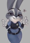  4_fingers anthro buckteeth clothed clothing disney female fingers fur grey_body grey_fur hi_res judy_hopps lagomorph leporid looking_at_viewer mammal police_uniform purple_eyes qupostuv35 rabbit simple_background smile solo teeth uniform zootopia 