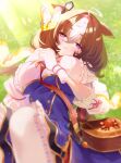  1girl ahoge animal_ears artist_name bag bangs between_breasts blue_skirt blurry breasts brown_hair bug butterfly closed_mouth depth_of_field gloves grass half-closed_eyes high-waist_skirt highres horse_ears large_breasts long_sleeves looking_at_viewer lying medium_hair meisho_doto_(umamusume) multicolored_hair on_back outdoors purple_eyes satchel shoulder_bag skirt smile solo strap_between_breasts sunlight two-tone_hair umamusume white_gloves white_hair yutsuka_(amyucca) 