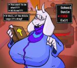  anthro bible big_breasts blush book boss_monster bovid breasts caprine clothing deltarune english_text exclamation_point eyewear female floppy_ears glasses goat hi_res holding_book holding_object horn huge_breasts looking_at_viewer mammal nipple_outline profanity qoolguyart question_mark solo sweater television text topwear toriel undertale undertale_(series) video_games white_body 