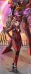  1girl absurdres blue_eyes bodysuit breasts cleavage closed_mouth code_geass covered_navel full_body hand_on_hip headband highres kallen_stadtfeld large_breasts looking_at_viewer mecha red_bodysuit red_headband short_hair silvertsuki smile standing thighs 