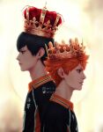  2boys artcami black_hair blue_eyes closed_mouth commentary crown haikyuu!! height_difference highres hinata_shouyou instagram_username jersey kageyama_tobio looking_to_the_side male_focus multiple_boys orange_eyes orange_hair parted_lips profile sportswear v-shaped_eyebrows volleyball_uniform 