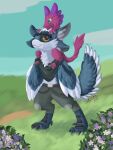  4_ears anthro avali biped blue_body blue_feathers claws clothed clothing digital_media_(artwork) duo eye_contact feathered_wings feathers female fur hi_res looking_at_another male mammal multi_ear pink_body pink_fur poppy_the_sergal rogue_the_avali sergal shiny_sirius simple_background smile tail tail_feathers toe_claws white_body white_feathers winged_arms wings 