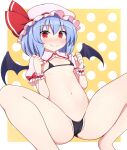 1girl bangs bat_wings bikini black_bikini blush border breasts cameltoe cleft_of_venus closed_mouth clothes_lift collared_shirt eyebrows_visible_through_hair feet_out_of_frame frilled_shirt_collar frilled_sleeves frills hair_between_eyes hat looking_at_viewer micro_bikini mob_cap navel paid_reward_available pink_headwear pink_shirt polka_dot polka_dot_background puffy_short_sleeves puffy_sleeves purple_hair red_eyes remilia_scarlet rizento shirt shirt_lift short_hair short_sleeves small_breasts smile solo spread_legs squatting swimsuit touhou white_border wings wrist_cuffs 