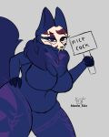  absurd_res anthro big_breasts bone_mask breasts dark_body dark_fur digital_media_(artwork) female fur hi_res holding_object holding_sign looking_at_viewer mask mithala mzzrlaraz neck_tuft purple_body purple_fur sign simple_background slightly_chubby solo text thick_thighs tuft 