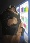  2022 anthro araiguma_11 balls belly big_belly bovid bovine brown_body cattle erection genitals humanoid_genitalia humanoid_hands humanoid_penis kemono male mammal night outside overweight overweight_male penis scar solo vending_machine 