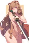  1girl aisha_(rfrm) animal_ears areola_slip blush breasts brown_hair cleavage completely_nude covering covering_breasts covering_crotch groin highres katana long_hair nude open_mouth raccoon_ears raccoon_tail raphtalia red_eyes simple_background solo sword tail tate_no_yuusha_no_nariagari twintails very_long_hair weapon 