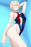  1girl arm_behind_head black_swimsuit blonde_hair blue_eyes commentary_request competition_swimsuit from_below hair_between_eyes highleg highleg_swimsuit highres kantai_collection mole mole_under_eye mole_under_mouth multicolored_clothes multicolored_swimsuit one-piece_swimsuit richelieu_(kancolle) shingyou_(alexander-13) solo swimsuit thighs wet 