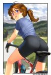  1girl absurdres ass bicycle bike_shorts black_shorts blue_eyes blue_shirt blush breasts brooke_(mathias_leth) brown_hair colorized day english_commentary fingerless_gloves freckles from_behind gloves ground_vehicle highres kneepits looking_at_viewer looking_back low_ponytail mathias_leth medium_breasts medium_hair nose nose_blush original outdoors pantylines revision riding riding_bicycle shirt shorts solo sweat t-shirt teeth upper_teeth watch wristwatch 