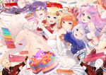  5girls :d ;d absurdres ahoge amane_kanata bangs bare_shoulders black_ribbon blonde_hair blue_eyes blue_shirt blush bow bracelet breasts cake cake_slice confetti crown dated demon_tail dress fishnet_legwear fishnets flower food green_eyes grin hair_bow hair_flower hair_ornament hairclip hand_on_another&#039;s_thigh happy_birthday heterochromia high-waist_skirt highres himemori_luna holding holding_spoon holoforce hololive isuka jewelry kiryu_coco large_breasts long_hair long_sleeves looking_at_viewer maid_headdress multicolored_hair multiple_girls one_eye_closed orange_hair pantyhose party_popper pink_hair purple_eyes purple_hair red_eyes red_ribbon ribbon shirt skirt smile spoon streaked_hair striped striped_skirt super_chat tail tokoyami_towa translation_request tsunomaki_watame twintails virtual_youtuber white_dress white_hair 