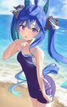  1girl @_@ ahoge animal_ears bare_arms bare_shoulders blue_eyes blue_hair blue_sky blue_swimsuit breasts cloud cloudy_sky collarbone commentary_request covered_navel dated day heterochromia highres hirota_fruit horizon horse_ears horse_girl horse_tail long_hair multicolored_hair ocean one-piece_swimsuit outdoors parted_lips purple_eyes sky small_breasts solo standing swimsuit tail twin_turbo_(umamusume) twintails twitter_username two-tone_hair umamusume very_long_hair water 