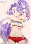  1girl absurdres breasts buruma clothes_lift gym_shirt gym_uniform hatsuharu_(kancolle) highres hikimayu kantai_collection lifted_by_self long_hair matsurika_(harusutain) medium_breasts navel no_bra open_mouth ponytail purple_eyes purple_hair red_buruma shide shirt shirt_lift short_sleeves solo underboob undressing white_shirt 