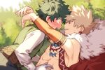  07-06 2boys abs bakugou_katsuki blonde_hair blurry blurry_background blush boku_no_hero_academia cape depth_of_field detached_sleeves earrings freckles fur_collar gloves green_hair green_vest jewelry looking_at_another male_focus midoriya_izuku multiple_boys multiple_necklaces open_mouth outdoors red_cape red_eyes shirt spiked_hair sweatdrop vest white_gloves white_shirt yaoi 