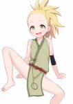  1girl :d atg_(wttoo0202) barefoot blonde_hair green_eyes highres higuruma_(kunoichi_tsubaki_no_mune_no_uchi) japanese_clothes kunoichi_tsubaki_no_mune_no_uchi looking_at_viewer ponytail short_hair simple_background sleeveless smile solo spread_legs toes white_background 