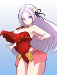  1girl breasts cape closed_mouth edelgard_von_hresvelg fire_emblem fire_emblem:_three_houses fire_emblem_heroes fire_emblem_warriors:_three_hopes hair_ornament hair_ribbon highres jaxdrawz long_hair looking_at_viewer one-piece_swimsuit purple_eyes ribbon simple_background solo swimsuit white_hair 