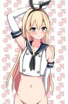  1boy absurdres baretto_(karasi07) black_hairband black_neckerchief blonde_hair blue_eyes blush cosplay crop_top crossdressing elbow_gloves gloves hairband highres kantai_collection long_hair male_focus mars_symbol navel neckerchief original otoko_no_ko out-of-frame_censoring school_uniform serafuku shimakaze-kun shimakaze_(kancolle) shimakaze_(kancolle)_(cosplay) solo white_gloves 