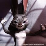  1:1 bed bedroom_eyes breasts buckteeth disney female first_person_view flat_chested furniture genitals hi_res judy_hopps lagomorph leporid looking_at_viewer lying mammal narrowed_eyes nipples nude open_mouth rabbit rabbitholes seductive size_difference small_breasts smaller_female smile solo teeth zootopia 