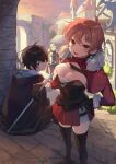  1girl 2boys breasts brown_hair cape cleavage cleavage_cutout clothing_cutout copyright_request dress earrings fur_trim highres jewelry large_breasts multiple_boys official_art open_mouth outdoors over_shoulder red_eyes short_hair sitting standing thighhighs usuke_(u_skeeep) weapon 