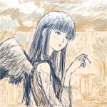  1girl angel angel_wings artist_request black_hair blush cigarette city cloud cloudy_sky eyebrows_visible_through_hair feathered_wings grey_wings ground_vehicle haibane_renmei halo long_hair motor_vehicle motorcycle non-web_source reki_(haibane) sky sleeveless smoking solo source_request static_cling tree wings 