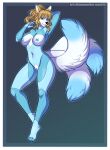  2022 anthro areola artist_name biped black_nose black_sclera blonde_hair blue_areola blue_nipples bodysuit border breastless_clothing breasts canid canine clothing crotchless_clothing dated digital_media_(artwork) female fur genitals hair hand_behind_head jinathora kitsunewaffles-chan mammal multi_tail navel_outline nipples one_eye_closed pussy shaded simple_background skinsuit solo tight_clothing white_body white_border white_fur yellow_eyes 